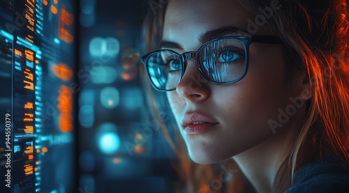 AI cyber security concept. Female IT Computer specialist analyzing artificial intelligence digital threats to consumer data & privacy breach. Software developer coding & ethical hacking in dark office