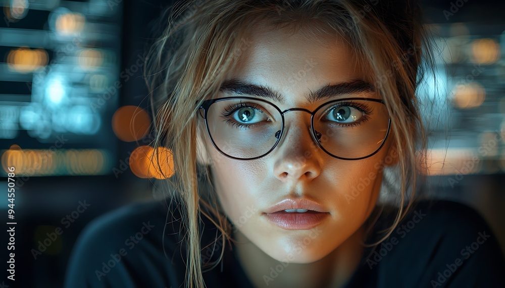 AI cyber security concept. Female IT Computer specialist analyzing artificial intelligence digital threats to consumer data & privacy breach. Software developer coding & ethical hacking in dark office AI cyber security concept. Female IT Computer specialist analyzing artificial intelligence digital threats to consumer data & privacy breach. Software developer coding & ethical hacking in dark office