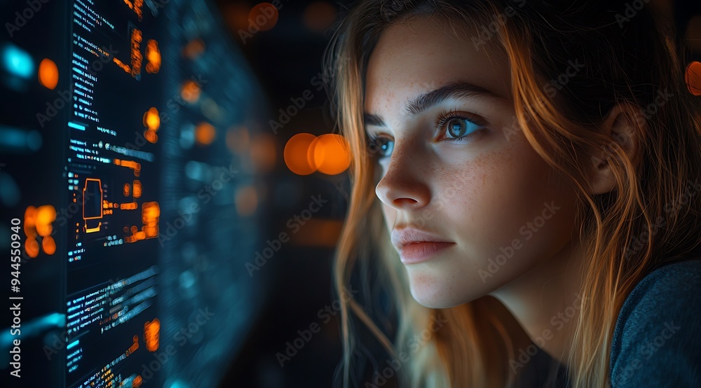 AI cyber security concept. Female IT Computer specialist analyzing ...