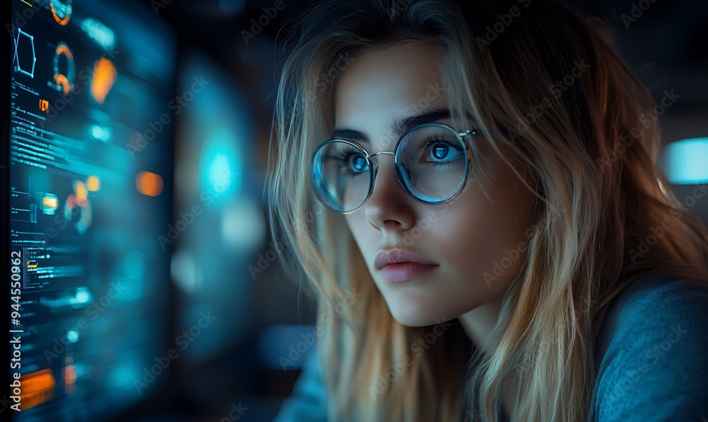 AI cyber security concept. Female IT Computer specialist analyzing artificial intelligence digital threats to consumer data & privacy breach. Software developer coding & ethical hacking in dark office AI cyber security concept. Female IT Computer specialist analyzing artificial intelligence digital threats to consumer data & privacy breach. Software developer coding & ethical hacking in dark office