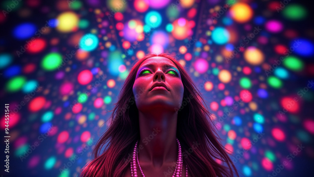 Rave girl experiencing sensory overload at a nightclub, she looks up at ultraviolet and neon circle psychedelic trippy techno trance lights above her head.