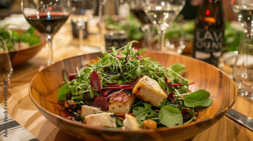 Delicious salad with grilled cheese and greens in a wooden bowl. Delicious salad with grilled cheese and greens in a wooden bowl.