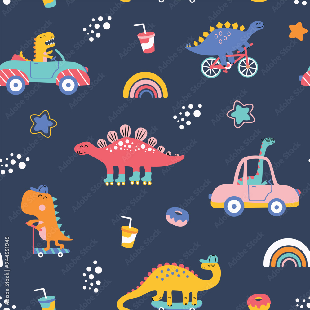 Cute dinosaurs in the transports seamless pattern. Dark blue background with rainbow, stars, donut and soda. Cute dinosaurs in the transports seamless pattern. Dark blue background with rainbow, stars, donut and soda.