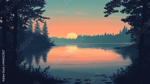 Serene Sunset on a Misty Lake:  A picturesque sunset casts a warm glow across a tranquil lake, with lush trees framing the scene in a silhouette.  The mist adds a touch of mystery and tranquility to t