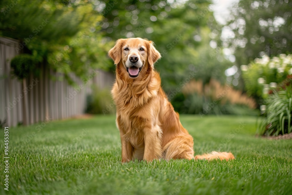 Obraz premium cute dog golden retriever sitting on green lawn