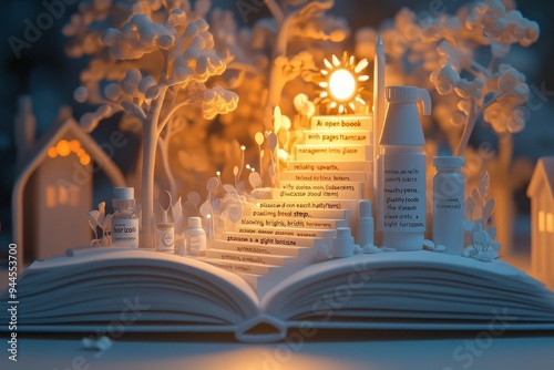 Open book with glowing staircase of medical items symbolizing progress in diabetes management photo