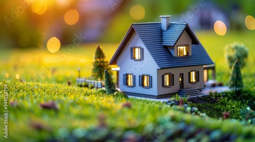 Small house on green grass with blurred background