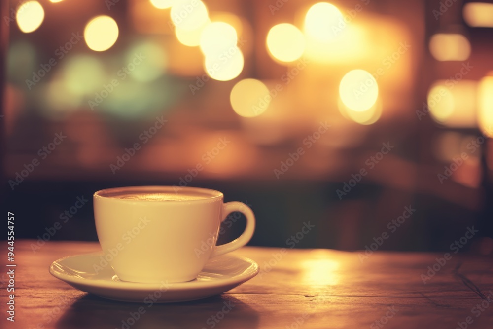 A warm cup of coffee on a wooden table surrounded by a vintage coffee shop ambiance in the evening light A warm cup of coffee on a wooden table surrounded by a vintage coffee shop ambiance in the evening light