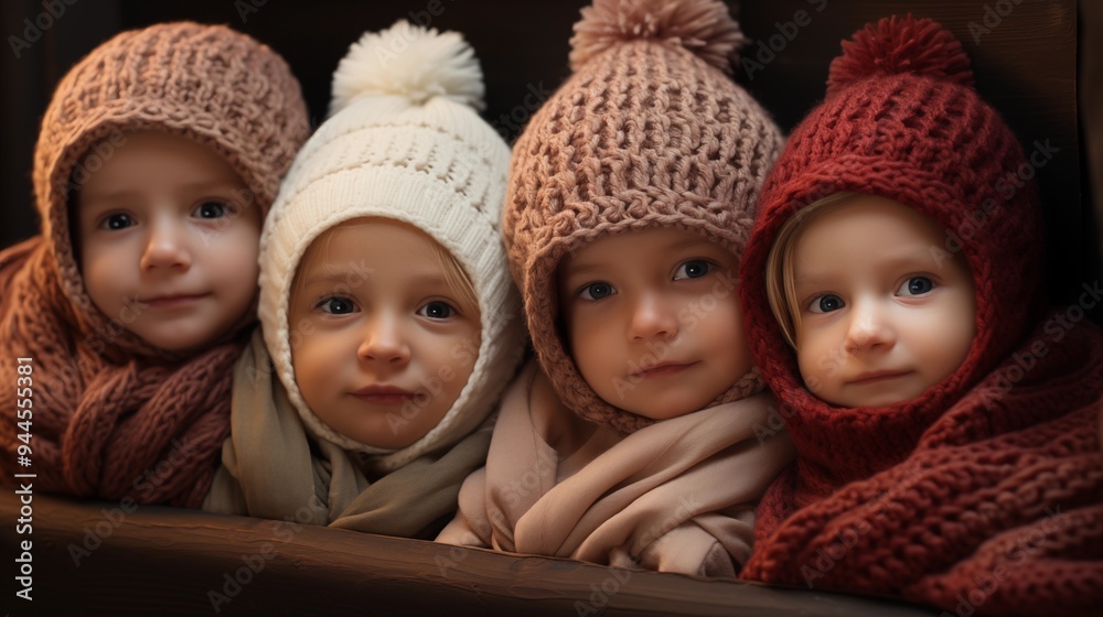 Group of the adorable newborn babies wearing Santa hat and sleeping together wrapped into the baby blanket Group of the adorable newborn babies wearing Santa hat and sleeping together wrapped into the baby blanket