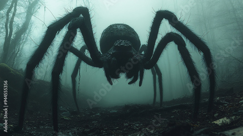 Silhouette of a huge spider in a foggy forest, representing fear and horror.