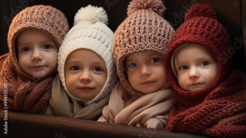 Group of the adorable newborn babies wearing Santa hat and sleeping together wrapped into the baby blanket