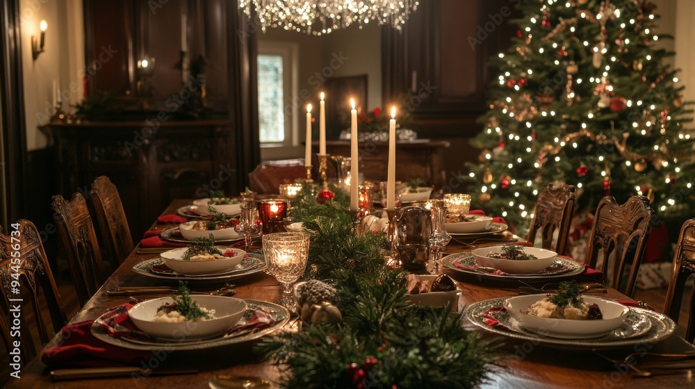 table with lit candles and Christmas dinner food with a tree with lights in the background. christmas concept table with lit candles and Christmas dinner food with a tree with lights in the background. christmas concept