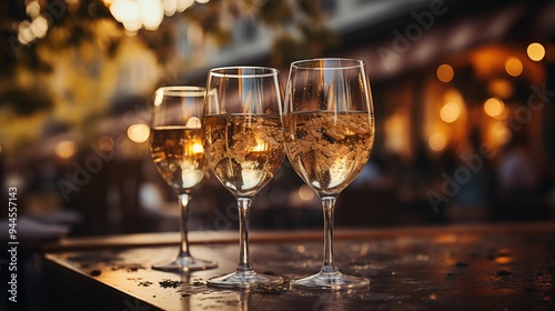 grupo de gente brindando con copas de champagne celebrando el año nuevo, sobre fondo desenfocado con bokeh dorado, concepto celebraciones