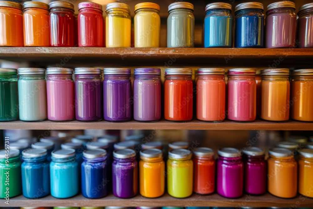 Colorful arrangement of jars filled with paint displayed on shelves in a craft store showcasing a rainbow gradient Colorful arrangement of jars filled with paint displayed on shelves in a craft store showcasing a rainbow gradient