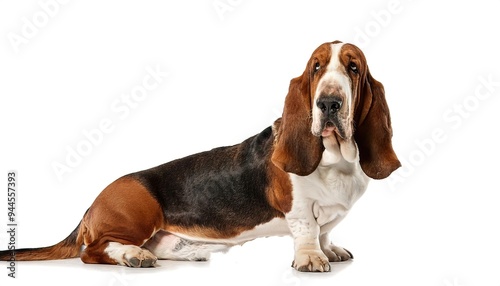 Basset hound dog - Canis lupus familiaris - is a short legged breed of dog whose sense of smell and ability to ground scent is second only to the Bloodhound. It has droopy face skin. Isolated on white photo