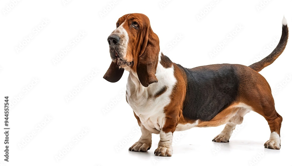 Basset hound dog - Canis lupus familiaris - is a short legged breed of dog whose sense of smell and ability to ground scent is second only to the Bloodhound. It has droopy face skin. Isolated on white Basset hound dog - Canis lupus familiaris - is a short legged breed of dog whose sense of smell and ability to ground scent is second only to the Bloodhound. It has droopy face skin. Isolated on white