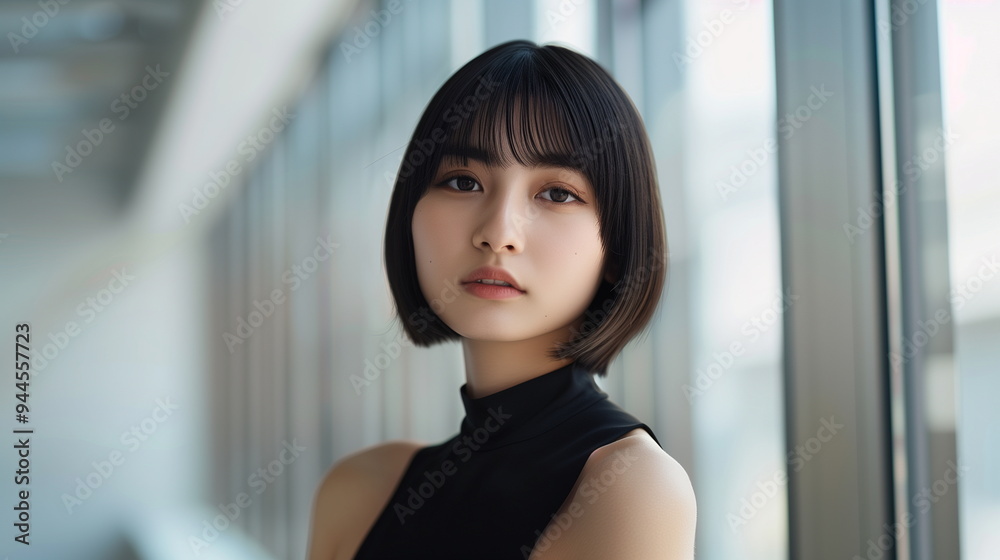 ファッションモデルの若い女性 黒い服 ファッションモデルの若い女性 黒い服