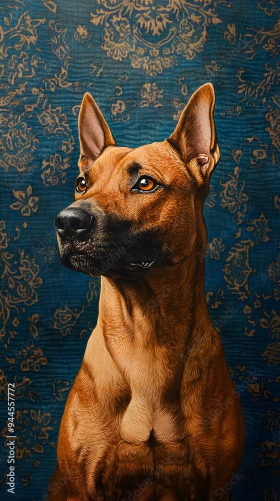 Obraz premium Portrait of a Brown Dog Against a Floral Patterned Background