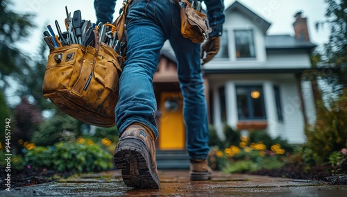 electrician with tools in his bag, walking towards the front door of their house. 