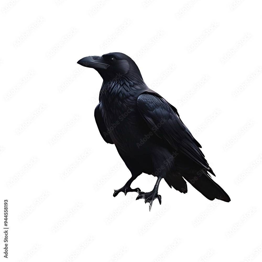 Fototapeta premium A majestic raven perches on a rugged rock under a dramatic night sky, illuminated by a glowing moon and scattered celestial bodies. The scene blends the mystique of the cosmos.