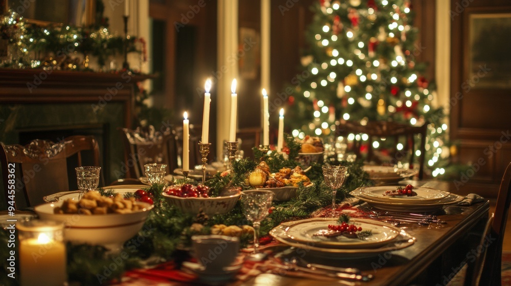 table with lit candles and Christmas dinner food with a tree with lights in the background. christmas concept table with lit candles and Christmas dinner food with a tree with lights in the background. christmas concept