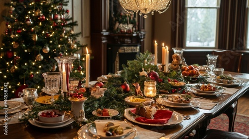 table with lit candles and Christmas dinner food with a tree with lights in the background. christmas concept