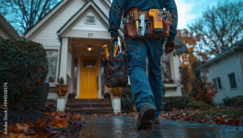 electrician with tools in his tool bag, walking towards the front door of their house. 