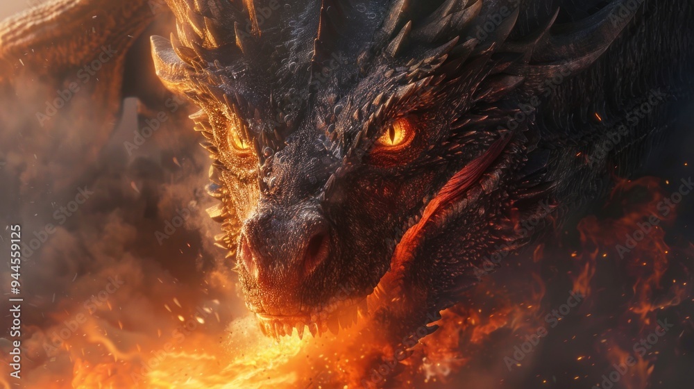 Portrait of a dragon's face emitting fire breath. AI generated images Portrait of a dragon's face emitting fire breath. AI generated images