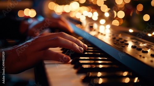 Close Up Hands Playing Piano with Bokeh Lights.