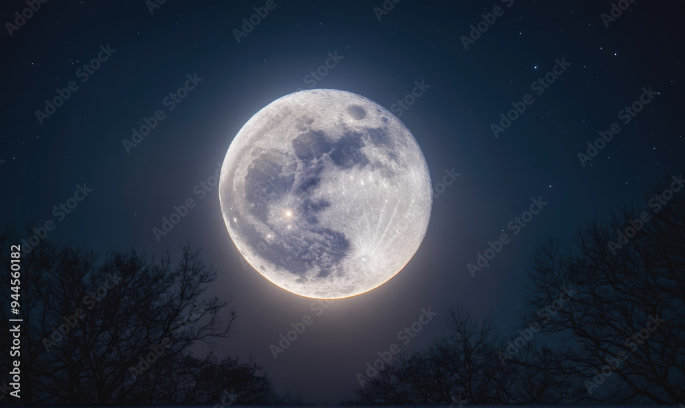 A full moon shines brightly in the night sky, illuminating the silhouettes of trees in the foreground A full moon shines brightly in the night sky, illuminating the silhouettes of trees in the foreground