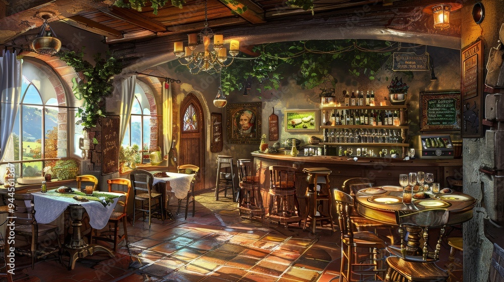Cozy medieval tavern with rustic decor and a view. Cozy medieval tavern with rustic decor and a view.
