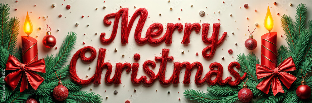 Festive greeting for Christmas, with the words Merry Christmas prominently displayed against a backdrop of red and green decorations that include candles and bows.