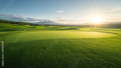 Hokkaido Golf Course Panorama, expansive view of a vibrant golf course, pristine putting green surrounded by lush greenery, breathtaking landscape of rich turf and natural beauty