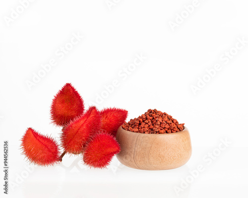 Annatto plant - Organic Bixa Orellana seeds. White background photo