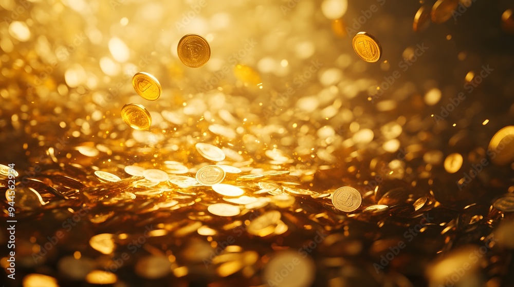Golden Coins Falling into a Pile of Money Golden Coins Falling into a Pile of Money