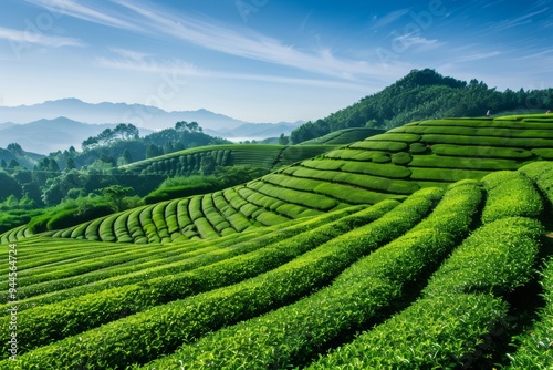 Expansive tea plantation with terraced fields under a blue sky and tea pickers at work in the distance