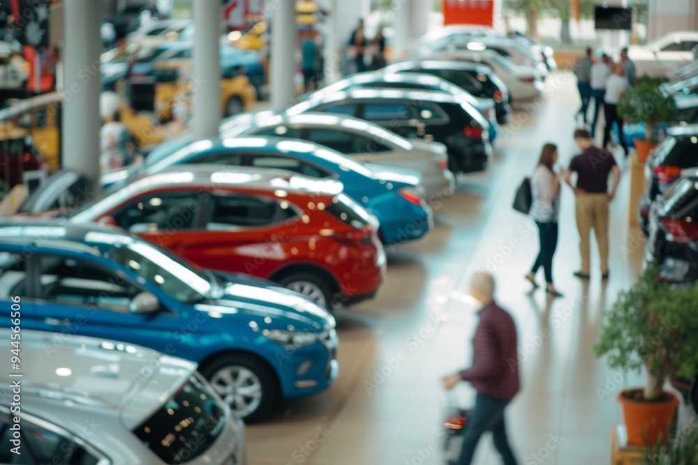 Fototapeta premium Customers explore a variety of preowned cars at a bustling dealership showroom on a sunny afternoon