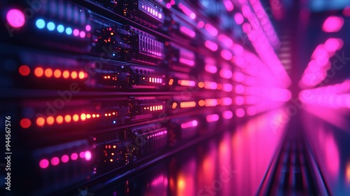 Neon Lights Reflecting on Servers in a Data Center