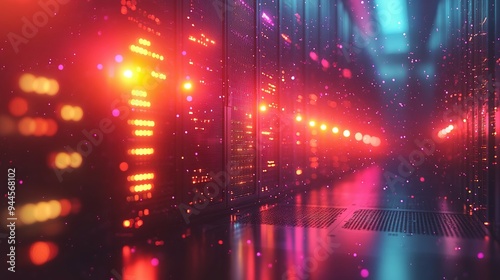 Server Room with Red and Blue Lights and Dust Particles