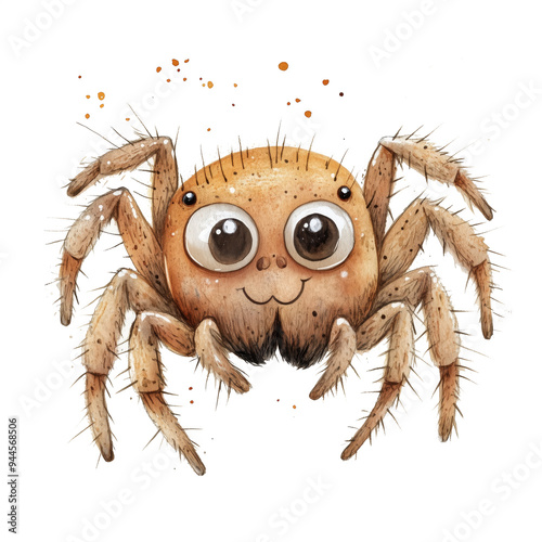 A smiling cute brown spider painted in watercolor style. Halloween spider with a face. A Halloween character. Concept drawing isolated on a white background