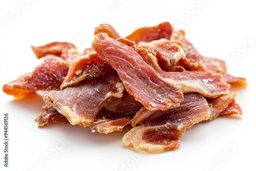 Dehydrated and salted chicken, beef, and pork slices ideal for snacking on a clean white background