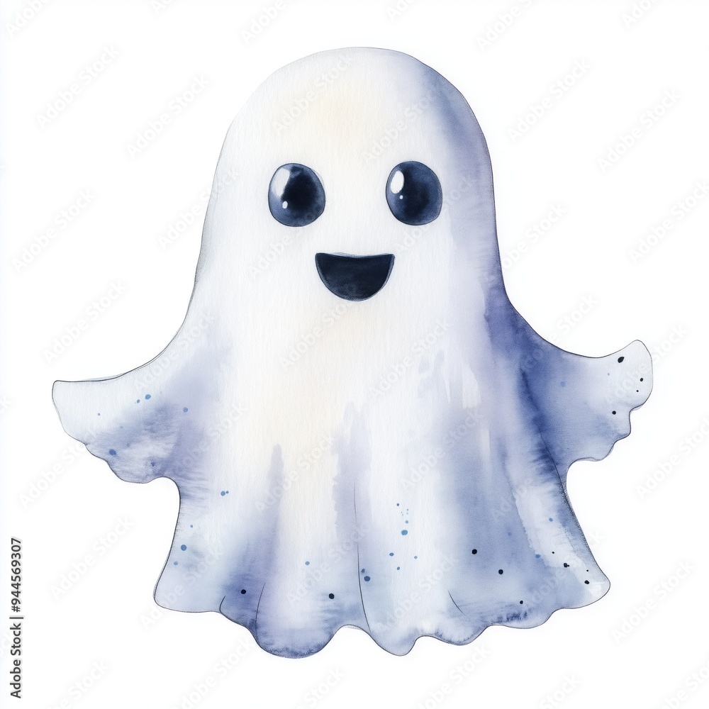 A smiling cute ghost painted in watercolor style. Halloween ghosts with a face. A Halloween character. Concept drawing isolated on a white background A smiling cute ghost painted in watercolor style. Halloween ghosts with a face. A Halloween character. Concept drawing isolated on a white background