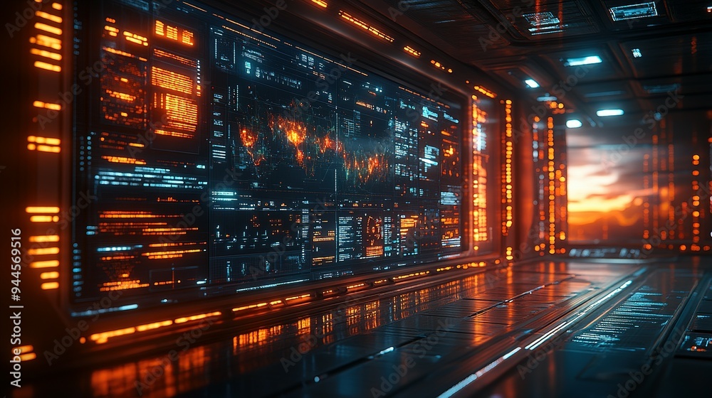 Futuristic Interior with Digital Displays and Sunset View Futuristic Interior with Digital Displays and Sunset View