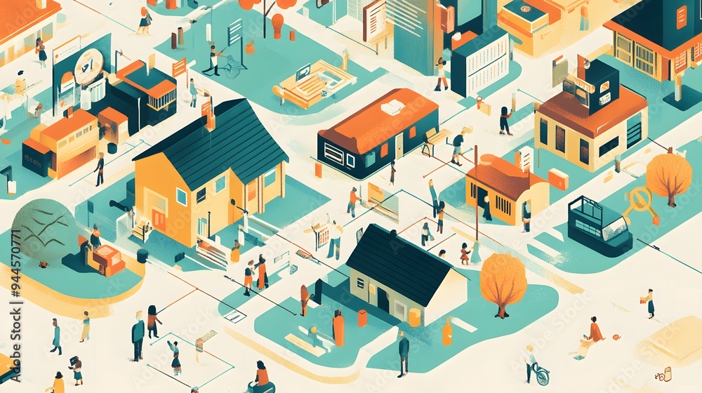 Isometric Illustration of a City Block with People and Buildings Isometric Illustration of a City Block with People and Buildings