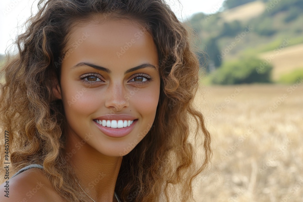 Radiant Young Woman with Curly Hair Smiling Outdoors in a Sunlit Field Embracing Natural Beauty Confidence and the Joy of a Bright Peaceful Day in Nature Radiant Young Woman with Curly Hair Smiling Outdoors in a Sunlit Field Embracing Natural Beauty Confidence and the Joy of a Bright Peaceful Day in Nature