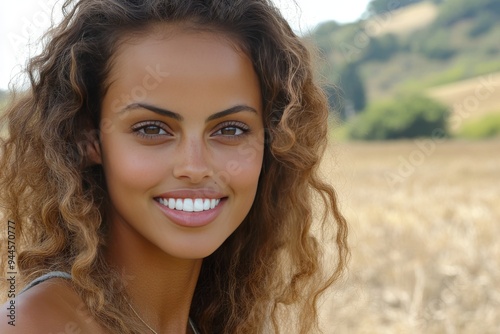 Radiant Young Woman with Curly Hair Smiling Outdoors in a Sunlit Field Embracing Natural Beauty Confidence and the Joy of a Bright Peaceful Day in Nature