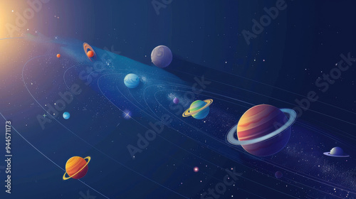 illustration Solar system, flat view, overview, 2 dimensions, 5 planet, blue galaxy background with star
