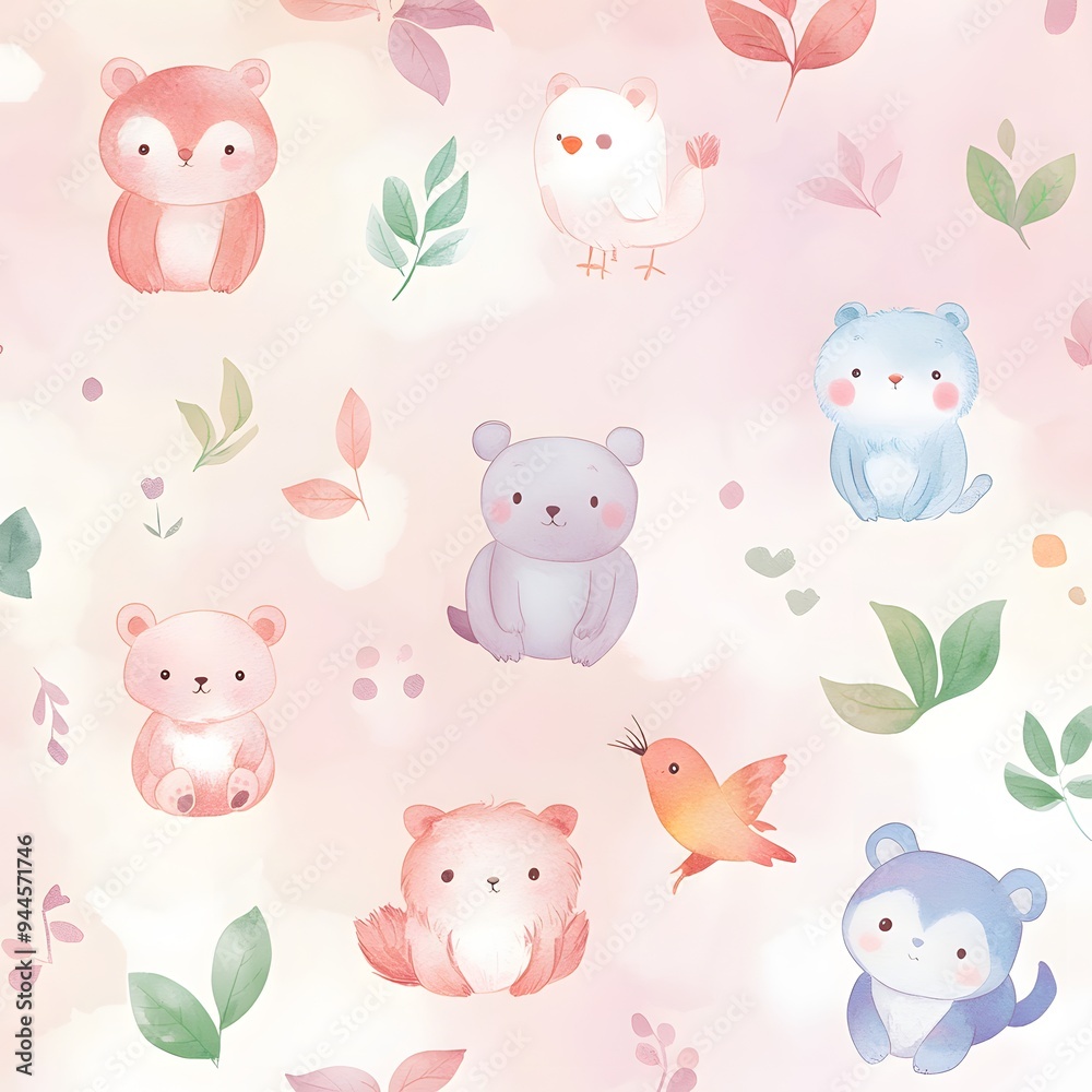 Fototapeta premium 116. **Design a seamless pattern featuring charming, hand-painted animals in a soft, pastel gradient.**