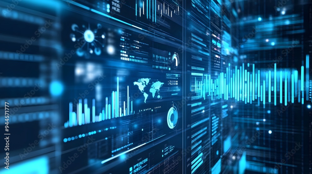 Blue and Black Digital Data Interface with Global Map and Graphs Blue and Black Digital Data Interface with Global Map and Graphs