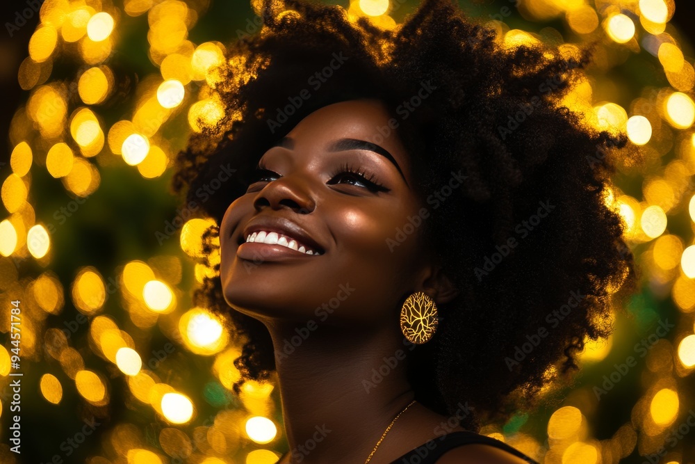 Radiant Young Woman with Afro Hair Smiling Brightly Under Sparkling Lights Capturing the Joy Confidence and Energy of a Vibrant Festive Evening